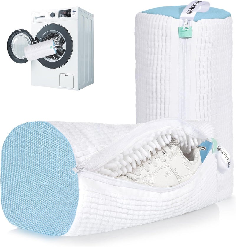 ADEHMDA 2Pcs Shoe Washing Machine Bag, Sneaker Laundry Bag for Washing Machine, Extra Long and Thick Microfibre Fluff, Reusable for Washer and Dryer (2pcs, White-blue) - Image 1
